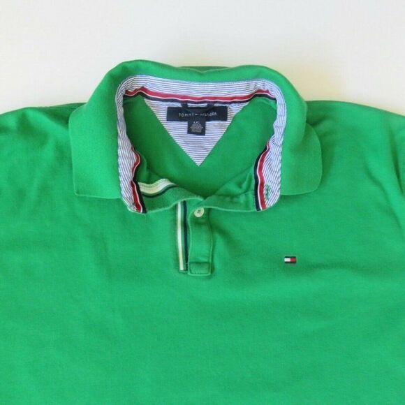 Tommy Hilfiger Polo Shirt Men Large Green Red Flag Golf Rugby Casual 100% Cotton - Picture 2 of 10